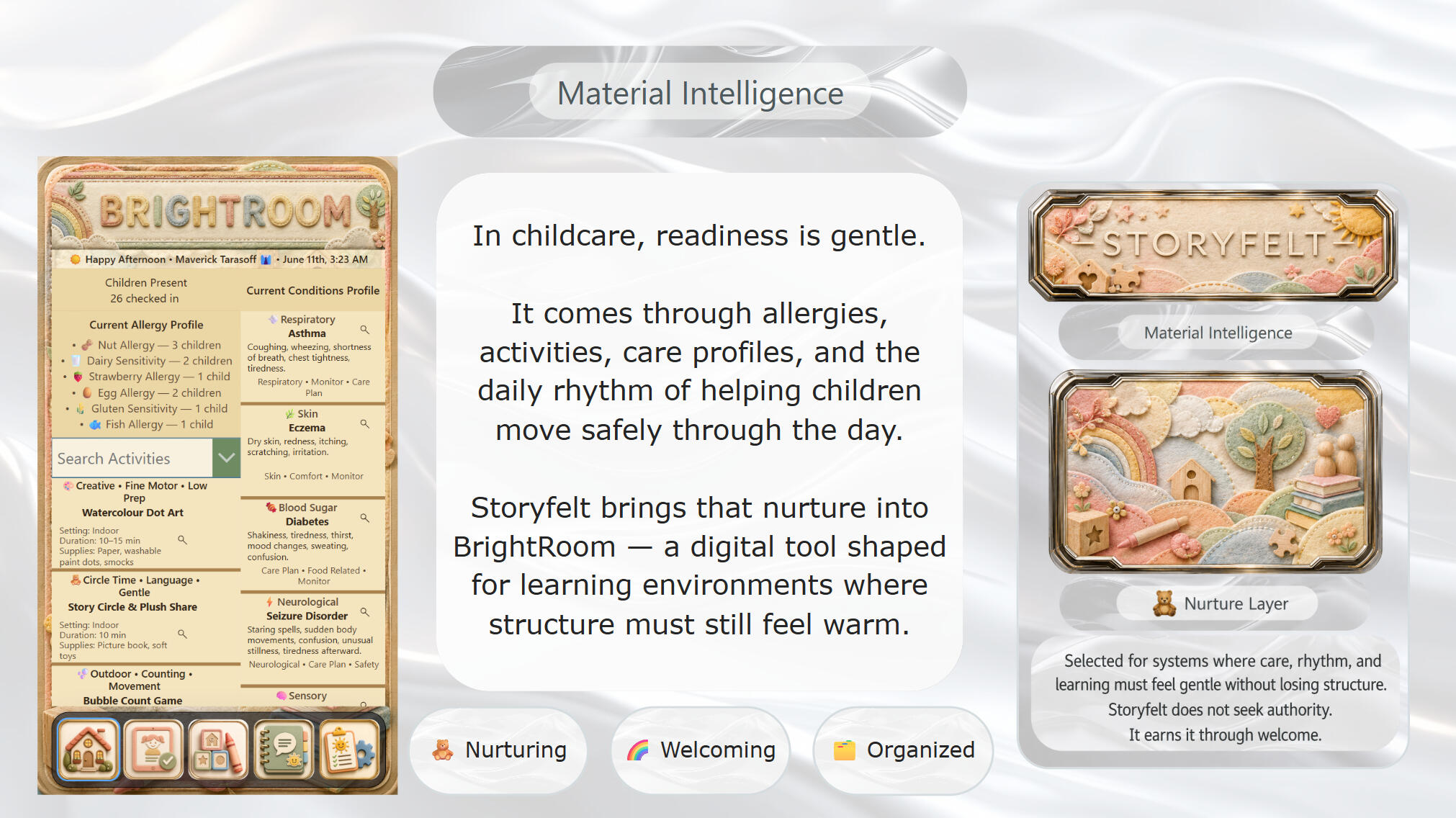 BrightRoom × Storyfelt — Childcare Nurture Material Intelligence A Material Intelligence presentation for BrightRoom, showing a soft childcare activity and care profile dashboard beside the Storyfelt material card. The slide connects allergies, activities, care plans, and gentle daily rhythm to learning environments.