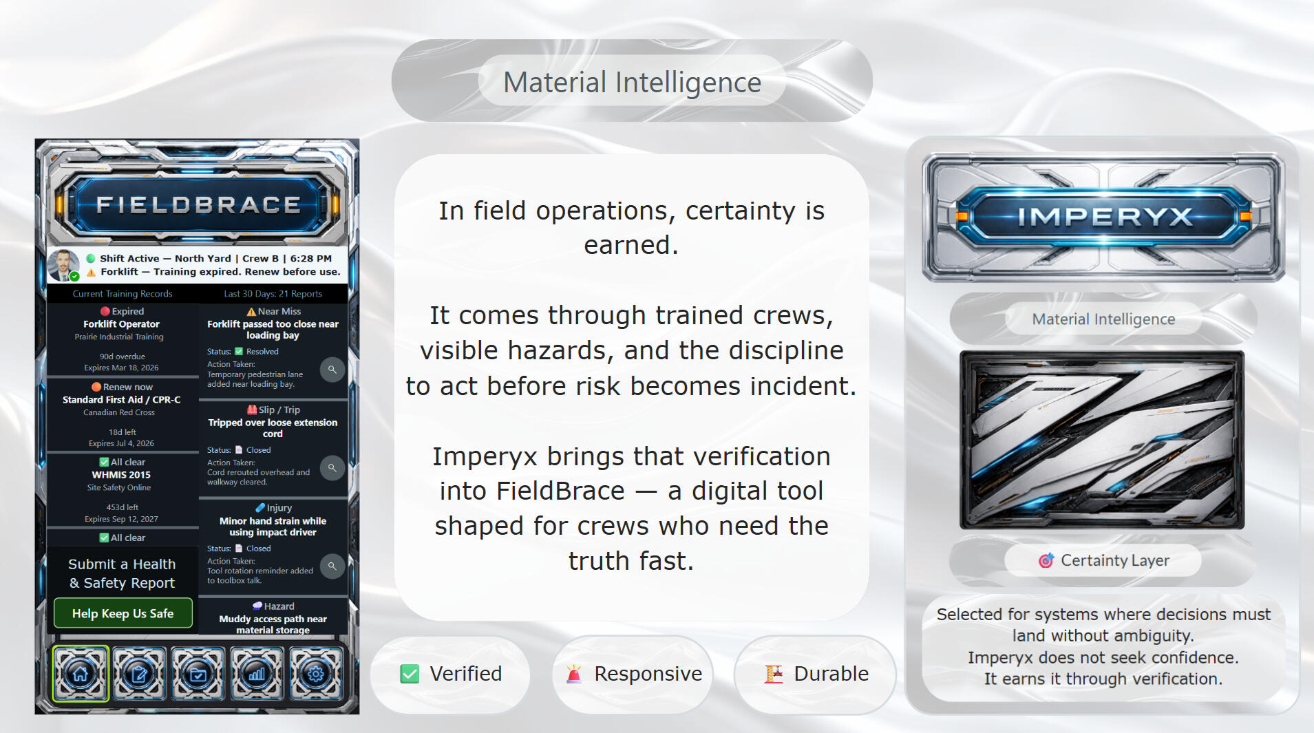 FieldBrace × Imperyx — Field Operations Material Intelligence A Material Intelligence presentation for FieldBrace, showing a blue and silver field safety dashboard beside the Imperyx material card. The slide connects verification, visible hazards, and fast decision-making to crews working in operational environments.