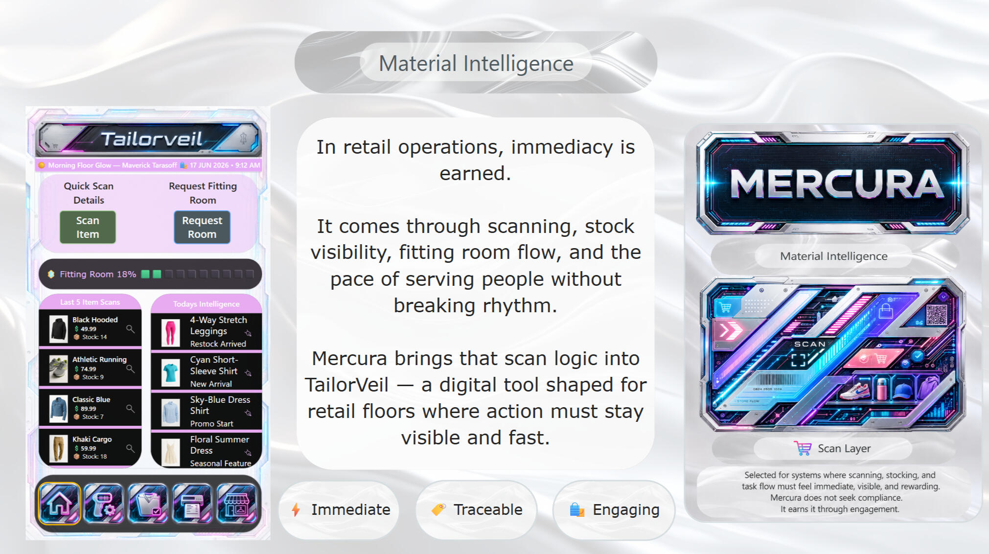 TailorVeil × Mercura — Retail Operations Material Intelligence A Material Intelligence presentation for TailorVeil, showing a bright retail scanning and stock dashboard beside the Mercura material card. The slide connects scanning, stock visibility, fitting room flow, and fast customer-facing action to retail floors.