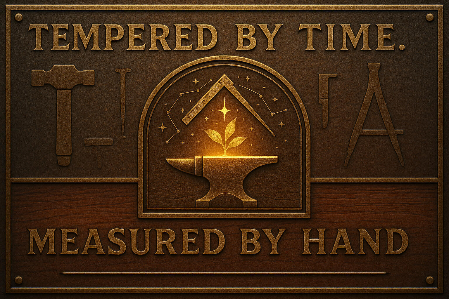 Craft & Stone Dovetail joint insignia reading ‘Measured by Hand’; metaphor for structural integrity and patient design.