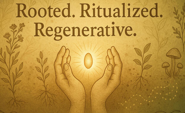 Rooted Rituals Radiant seed icon embossed in gold; symbolizes ritualized growth and stewardship.
