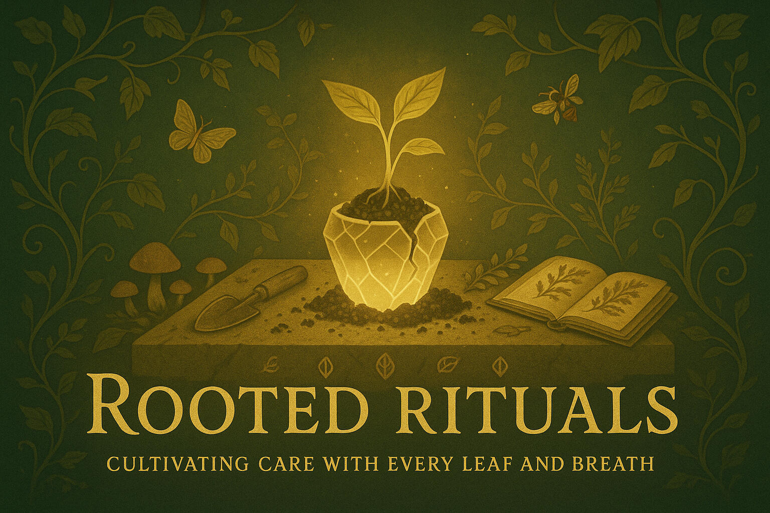 Rooted Rituals Golden seedling sprouting from crystalline heart beside open book; represents care systems and sustainable growth.