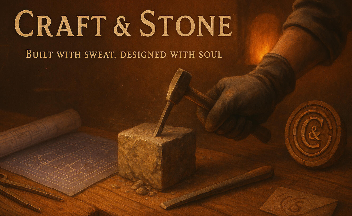 Artisan’s hand chiseling raw material beside drafting compass; evokes authenticity, grit, and earned trust.