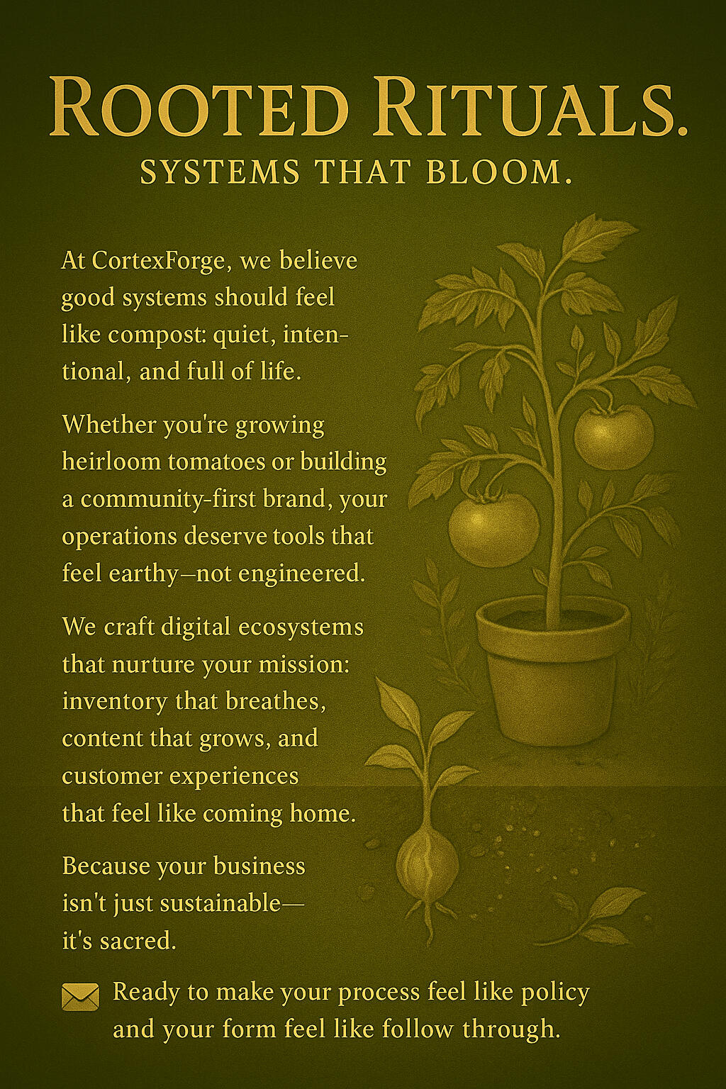 Rooted Rituals Green manifesto text about cultivating care; connects ecosystem design with human rhythm.