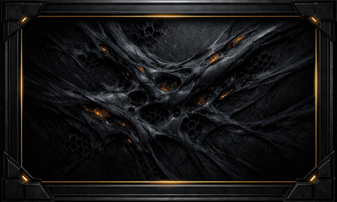 Abyssal Carapace — Void-forged structure threaded with ember veins — a biomechanical shell where pressure shapes form and shadow conceals intent.