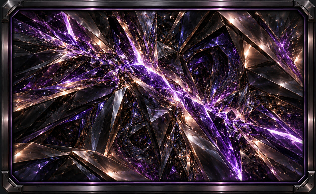Amethyst Cataclysm — Dark framed crystal field exploding with violet fractures, black facets, and warm metallic highlights.