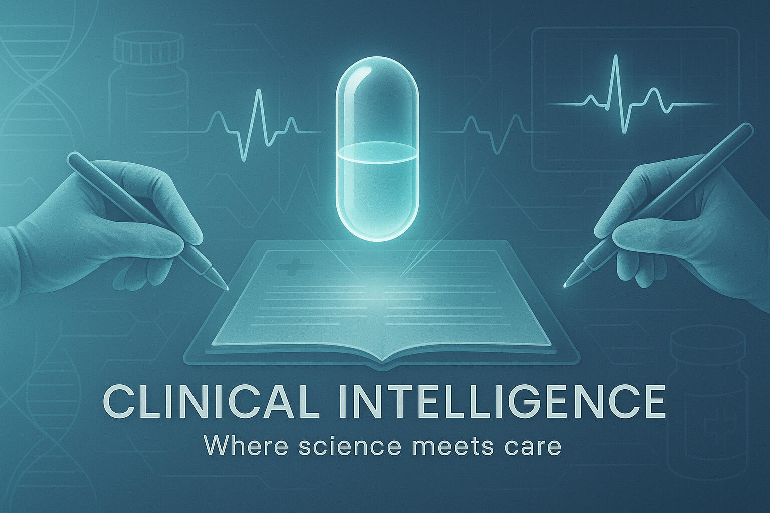 Clinical Intelligence Digital tablet projecting luminous capsule between medical data diagrams; represents science and compassion in equilibrium.