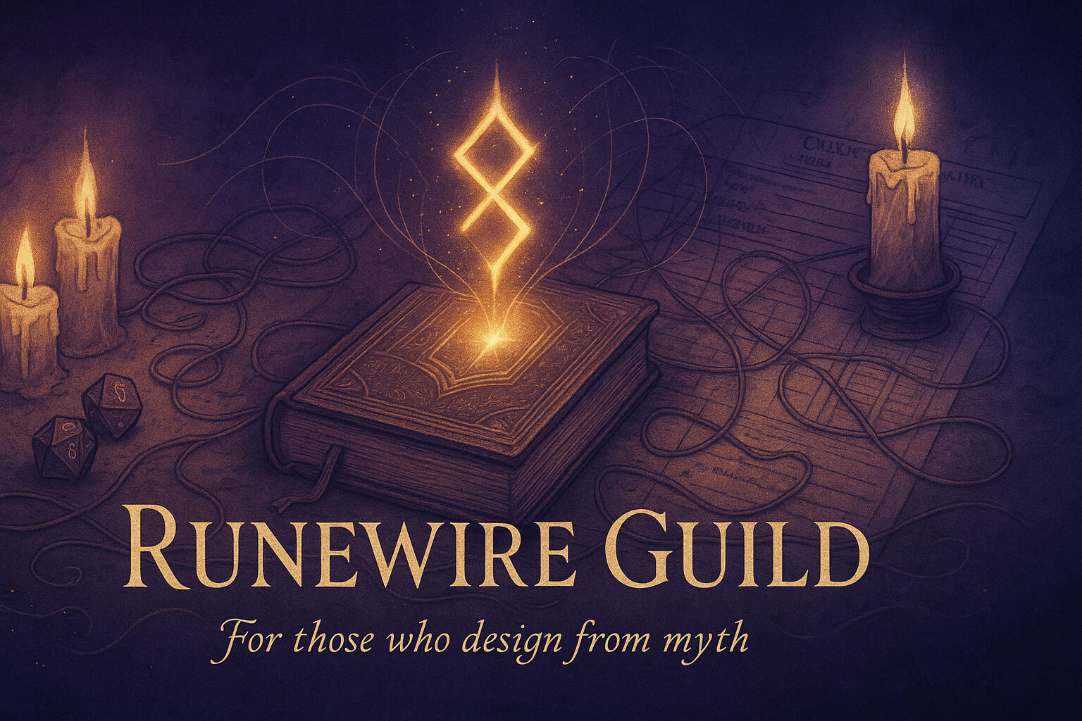 Runewire Guild Glowing runic symbol above candlelit tome; signifies mythic intelligence and creativity as language.