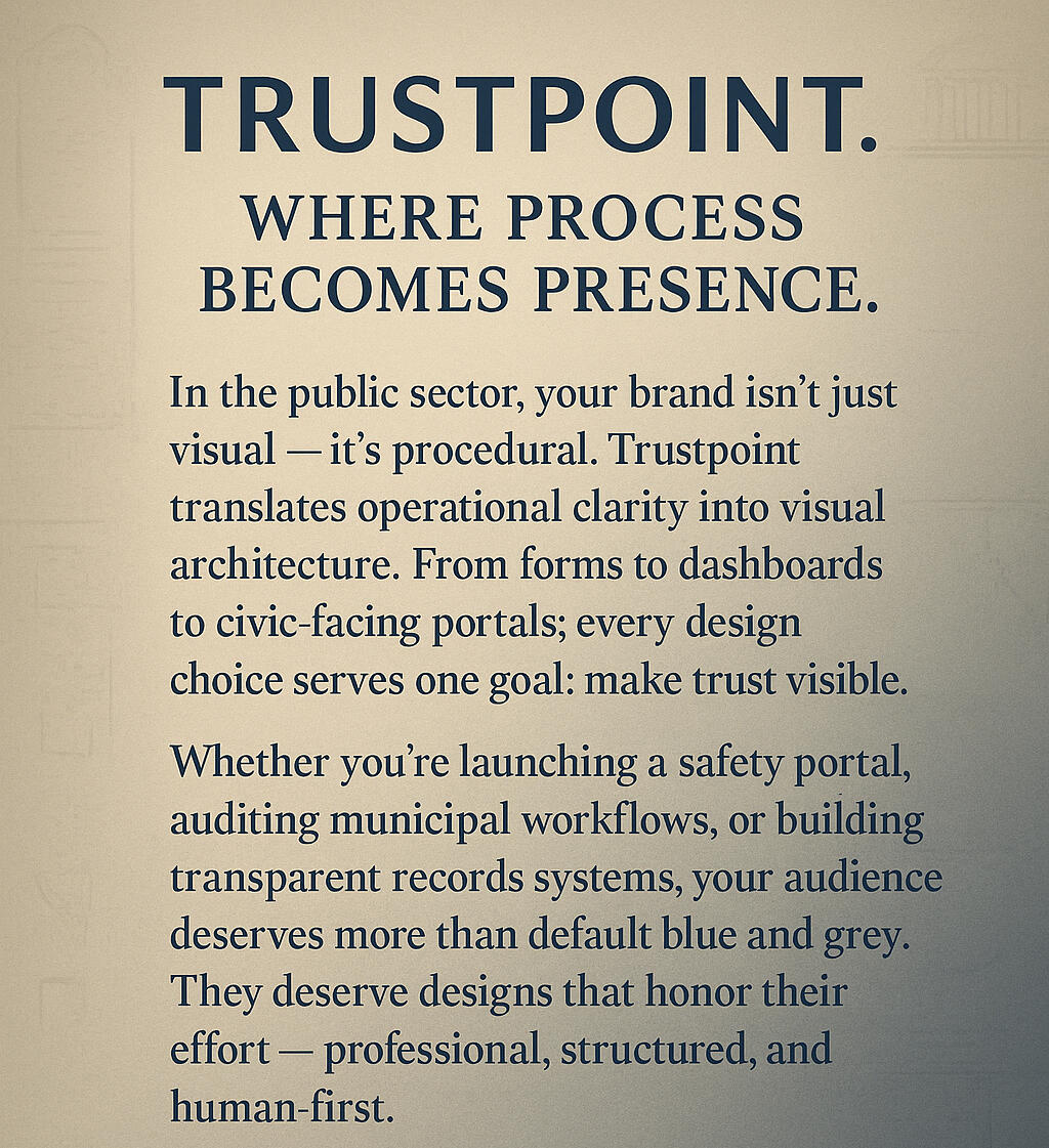 Trustpoint Grayscale text panel outlining process visibility; represents procedural empathy and clarity.
