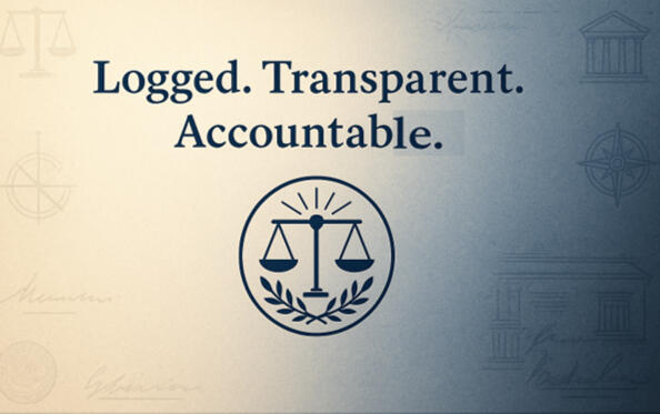 Scales-of-justice symbol embossed in steel; embodies fairness and logged accountability.