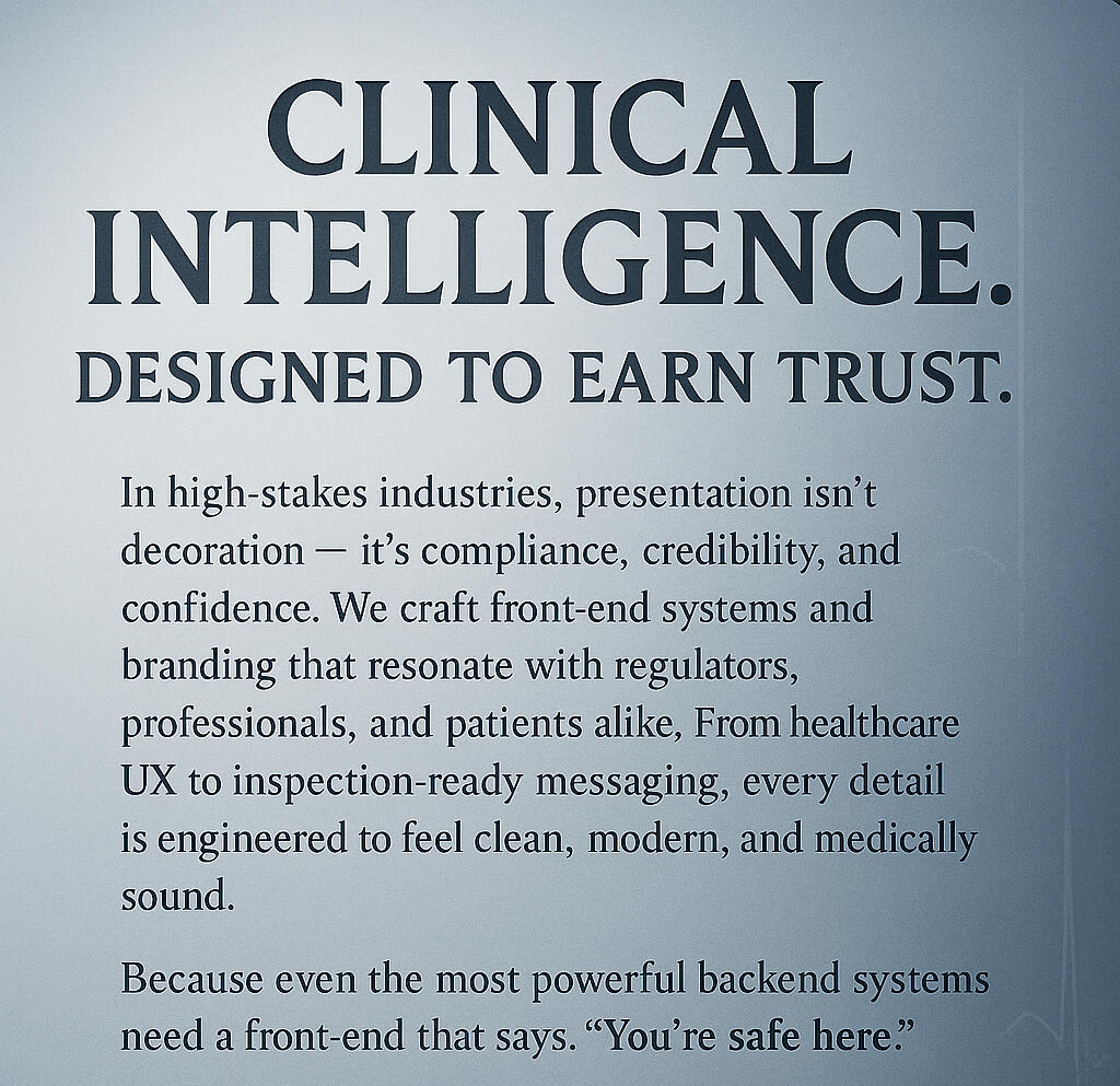Clinical Intelligence Silver text card on clinical integrity; symbolizes transparent compliance and empathy in health systems.