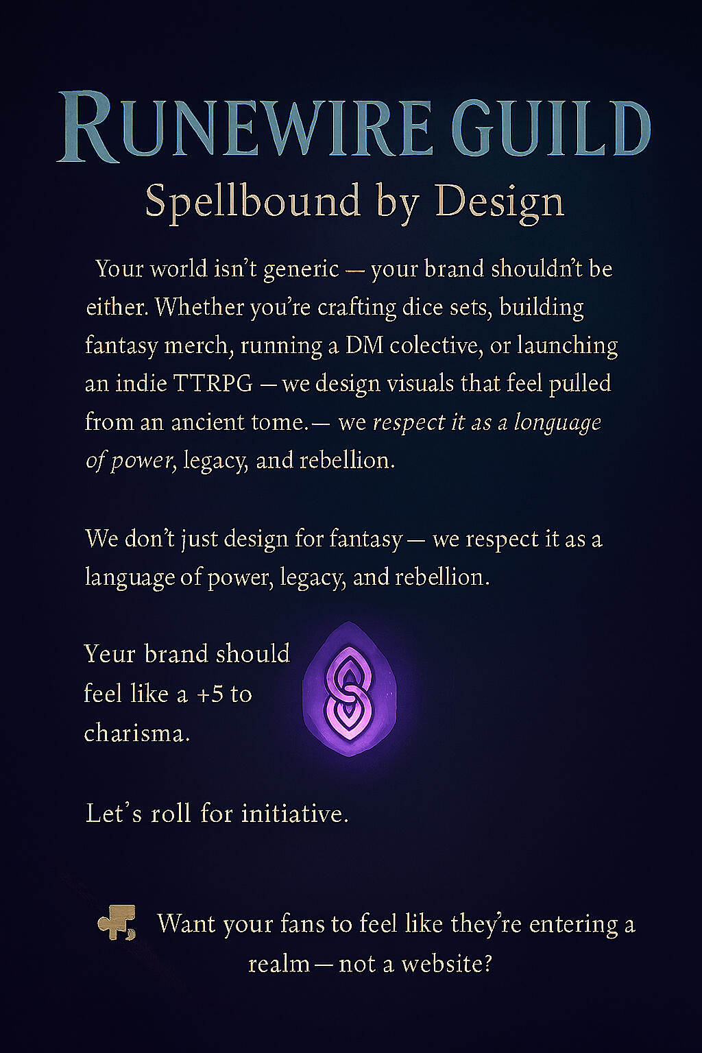 Runewire Guild Purple parchment with mystical typography; conveys reverence for storytelling as data language.