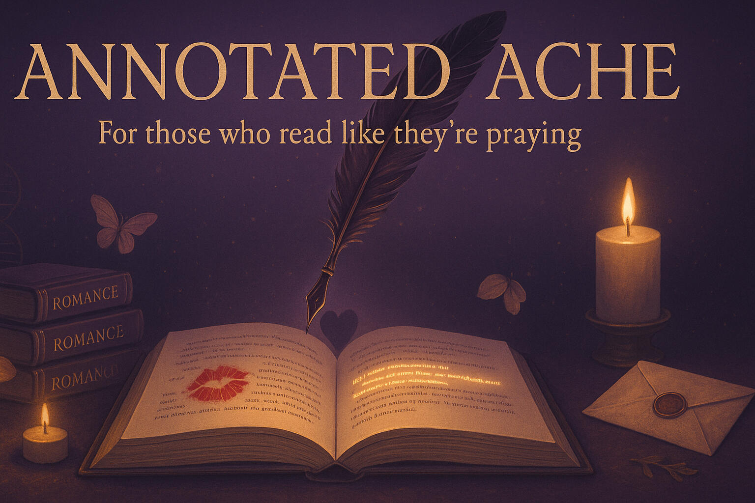 Annotated Ache Open book beneath candle glow with butterflies; captures emotional storytelling and digital empathy.