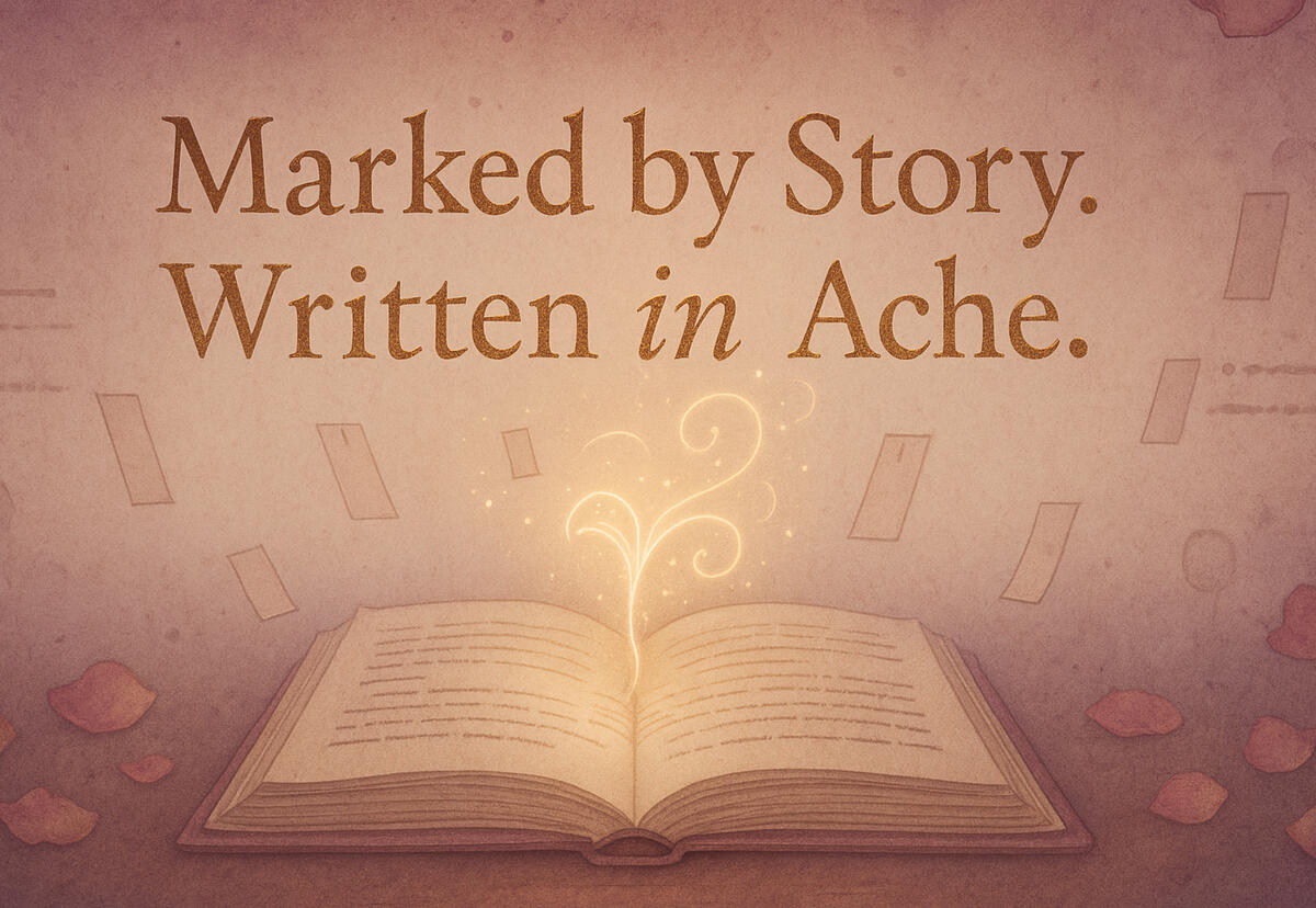 Annotated Ache Open-book emblem with gentle light halo; symbol of story-based healing and reflection.