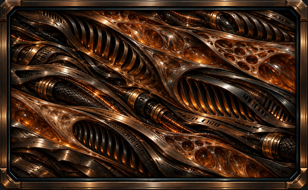 Amber Chassis High-end biomechanical panel of amber resin cavities, braided cables, bronze vents, and polished framework.