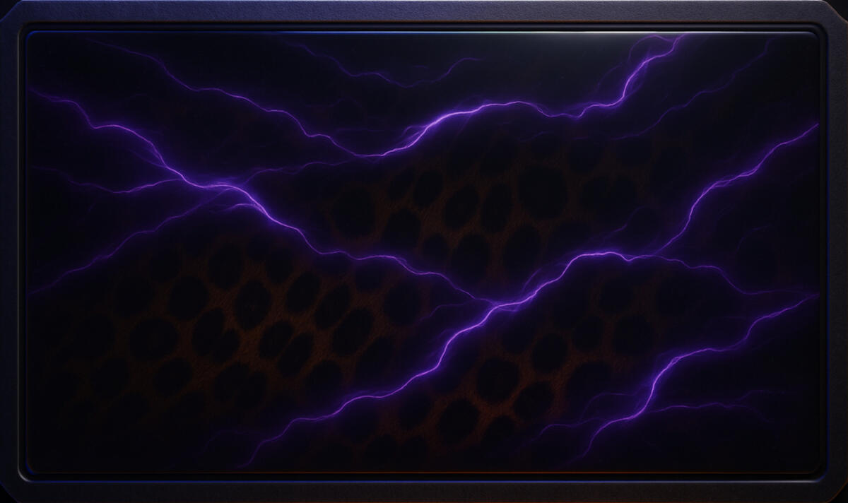 Leopard skin sheathed in violet lightning, nature’s weapon cloaked in stormlight.