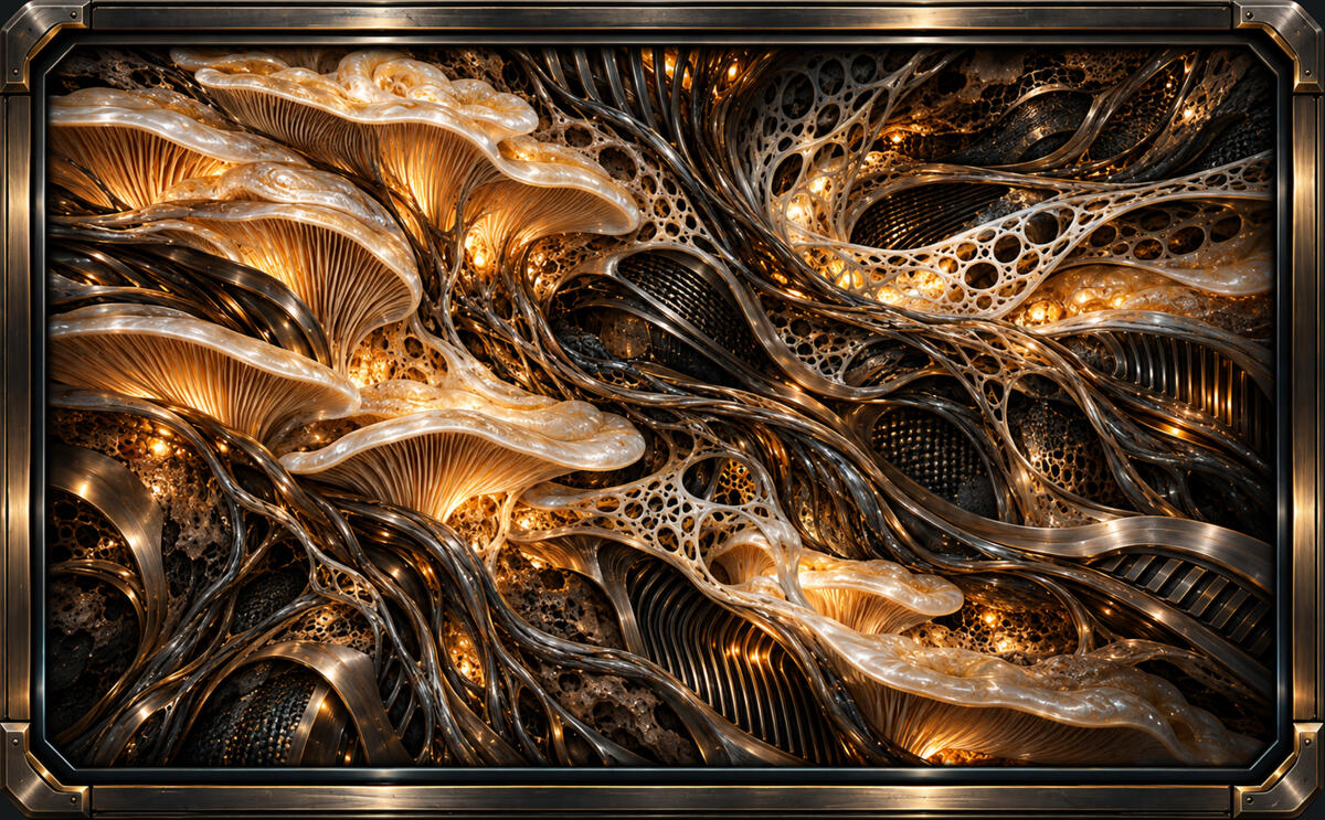 Mycelial Foundry Framed industrial-organic surface with luminous mushrooms, metallic cables, porous membranes, and warm amber light.