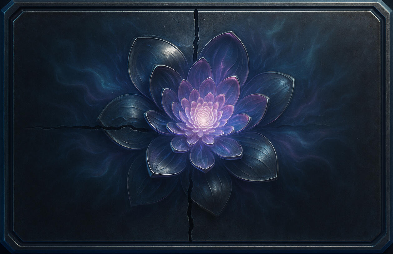 Violet-blue lotus blooming through fractured stone, soft resilience meeting weight and pressure.
