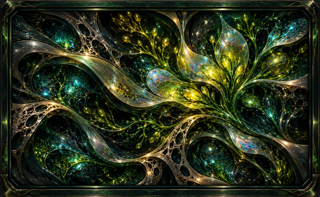 Verdant Synapse Framed biomorphic artwork with green tendrils, glassy pods, gold membranes, and turquoise cellular depths.