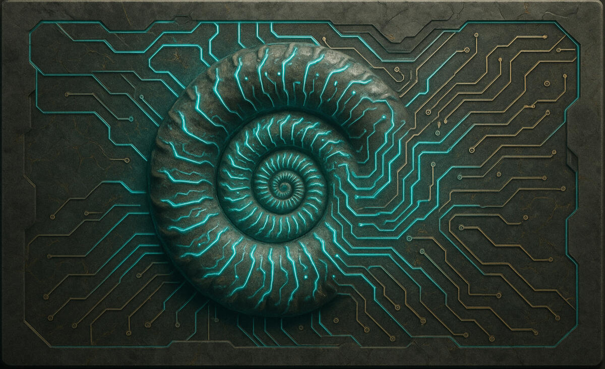 Ancient spiral circuitry etched in bronze, technology fossilized into art.