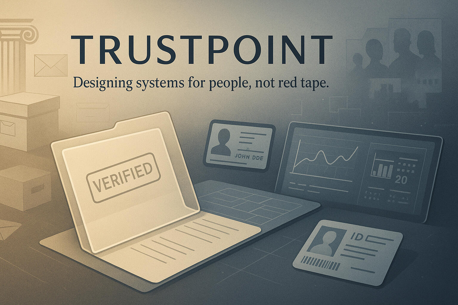 Trustpoint Silver interface showing verified badge and people silhouettes; communicates procedural transparency and civic trust.