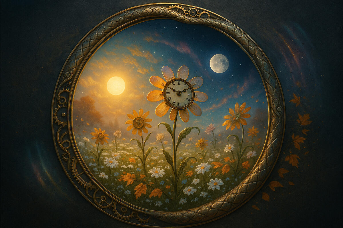 Golden flower blooming within an orb of night, roots glowing through starlit soil.