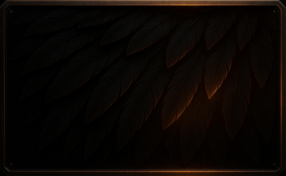 Ashen Plumage Charcoal feathers layered in silence, ember-light smoldering beneath the surface like restrained memory.