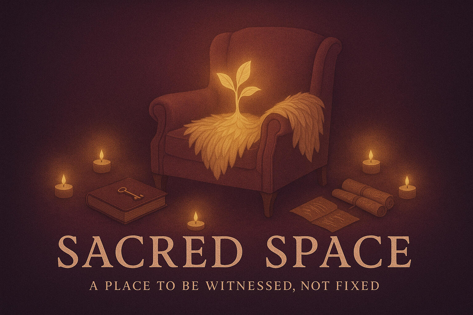 Golden armchair illuminated by candlelight beside books; embodies digital sanctuary, reflection, and restoration.