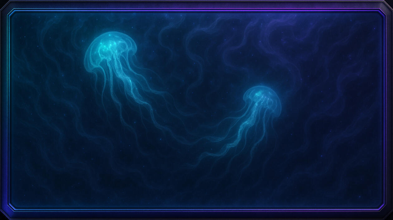 Abyssal Drifters Two bioluminescent spirits adrift in the deep, tracing unseen currents through the ocean’s midnight geometry.