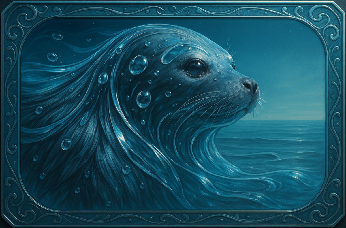 Tideborn Veil Oceanic sentinel shaped like a sea lion, serenity flowing through silver tides.