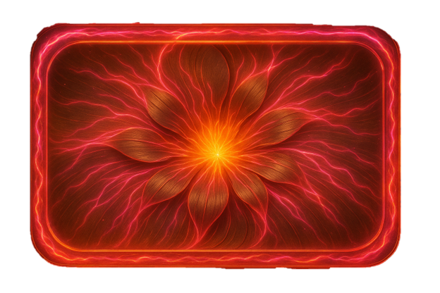 Ecliptic Bloom An illuminated flower of plasma petals radiating pink and orange energy from its center. The pattern glows with rhythmic vitality, symbolizing compassion fused with power.