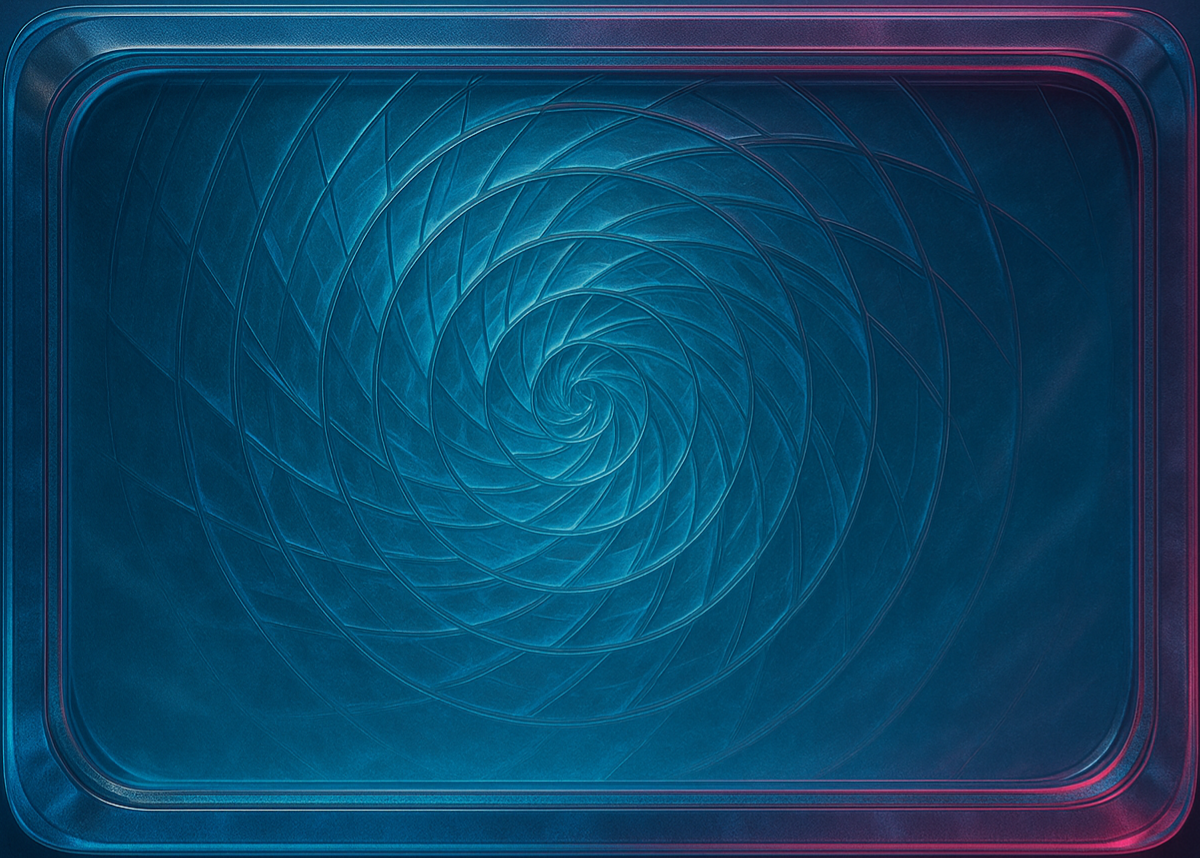 Vortex of Continuum A deep blue glass panel engraved with a spiraling geometric vortex. Subtle magenta edges frame the motion, suggesting infinite recursion, creation, and flow.