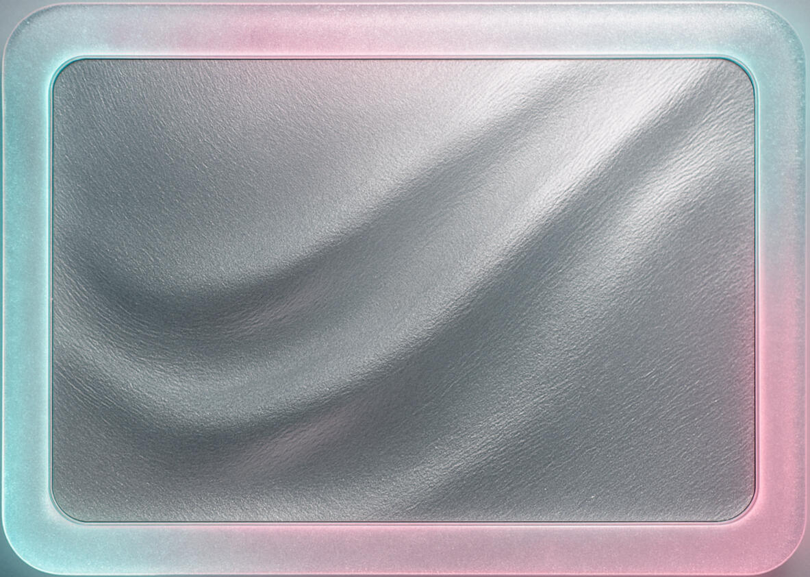 Celestine Veil A frosted metallic frame with soft pink and teal illumination flowing across its edges. The texture glows with refined serenity, evoking calm sophistication and translucent elegance.