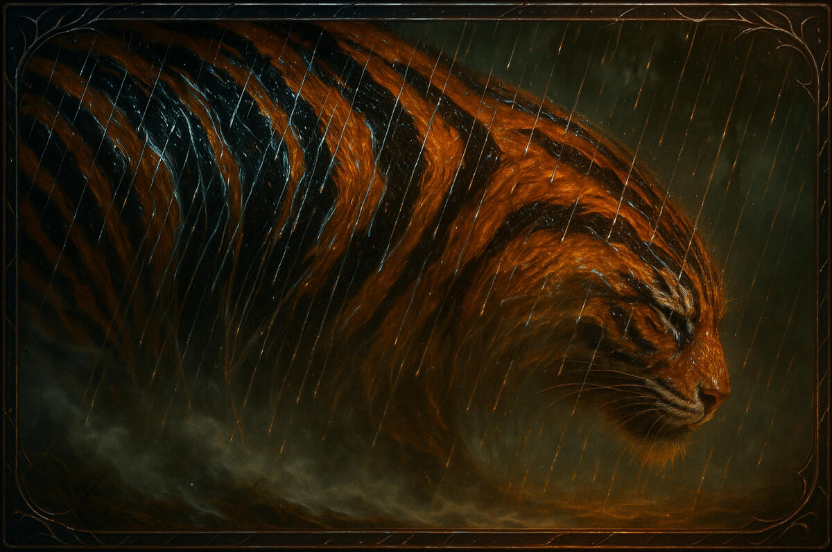 Tiger Storm Striped orange lightning flows through rain-drenched fur, the energy of predator and weather fused.