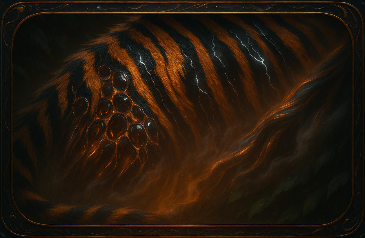 Fractured Predator Rusted armor of striped scales, primal power bound beneath unseen circuitry.