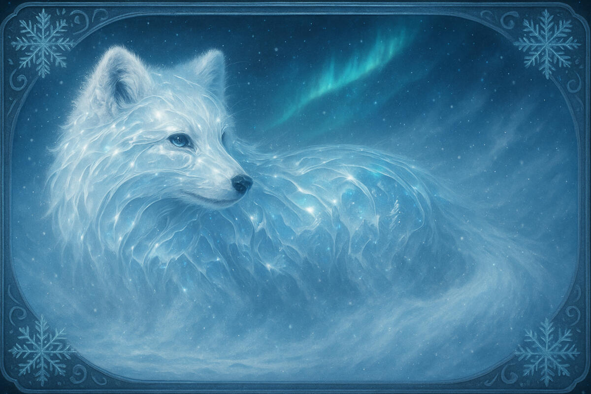 Arctic Veil A spectral white fox curled in aurora mist, embodying winter’s breath and serene vigilance.