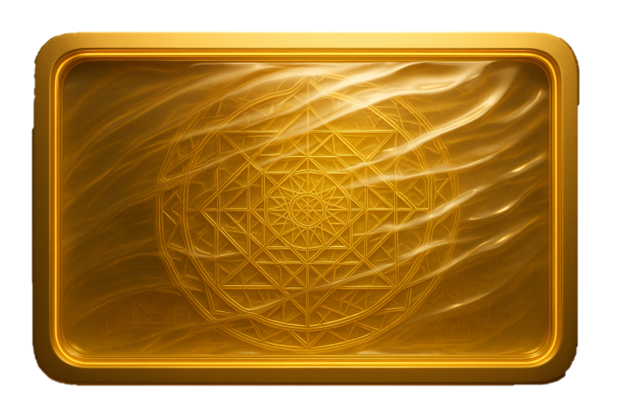 Auric Lattice A radiant golden panel etched with geometric patterns resembling sacred architecture. The surface shimmers with structured symmetry, symbolizing trust, wealth, and precision forged in light.