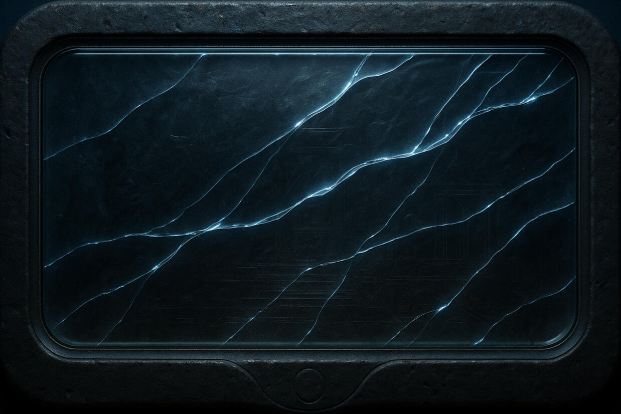 Obsidian Calm A dark glass slab veined with faint electric fissures glowing beneath the surface. It conveys stillness under tension — strength refined into elegance and depth.