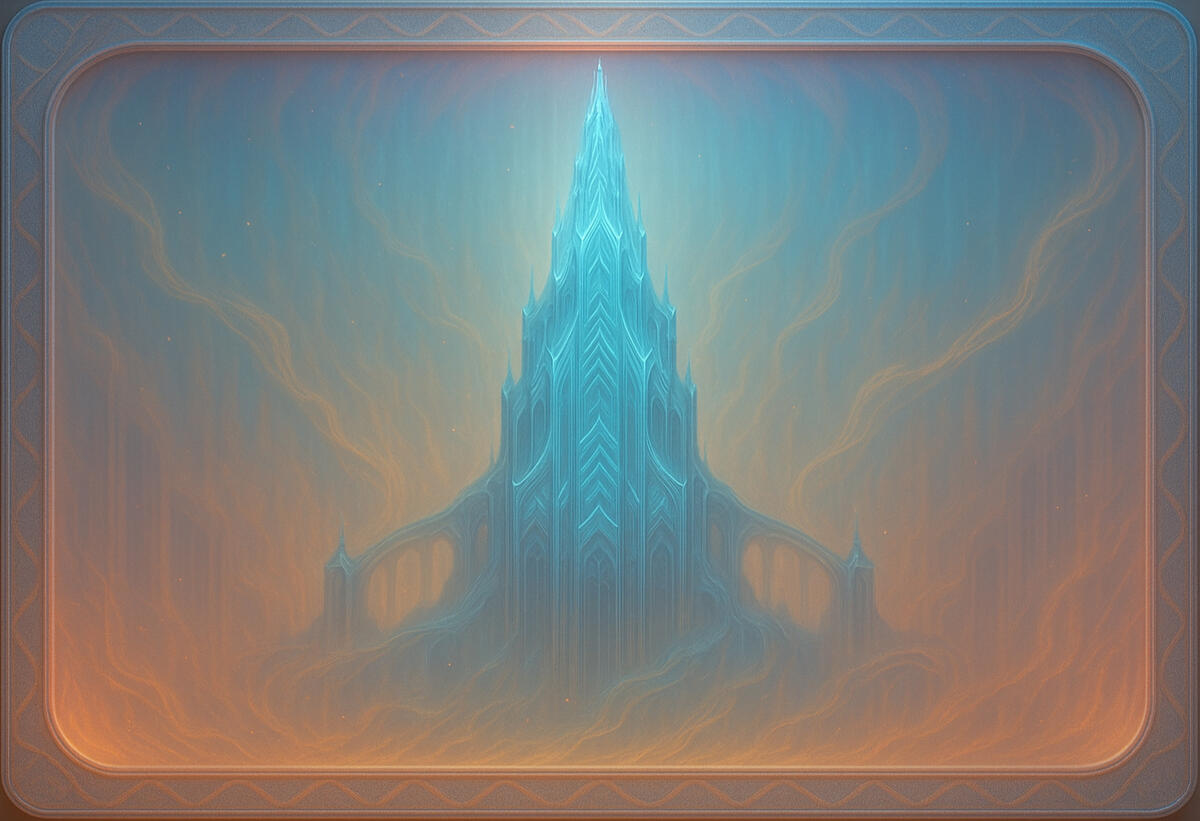 A crystalline spire rising from mist, glowing with gradients of blue and amber twilight. The structure suggests aspiration and clarity, blending ethereal beauty with architectural discipline.