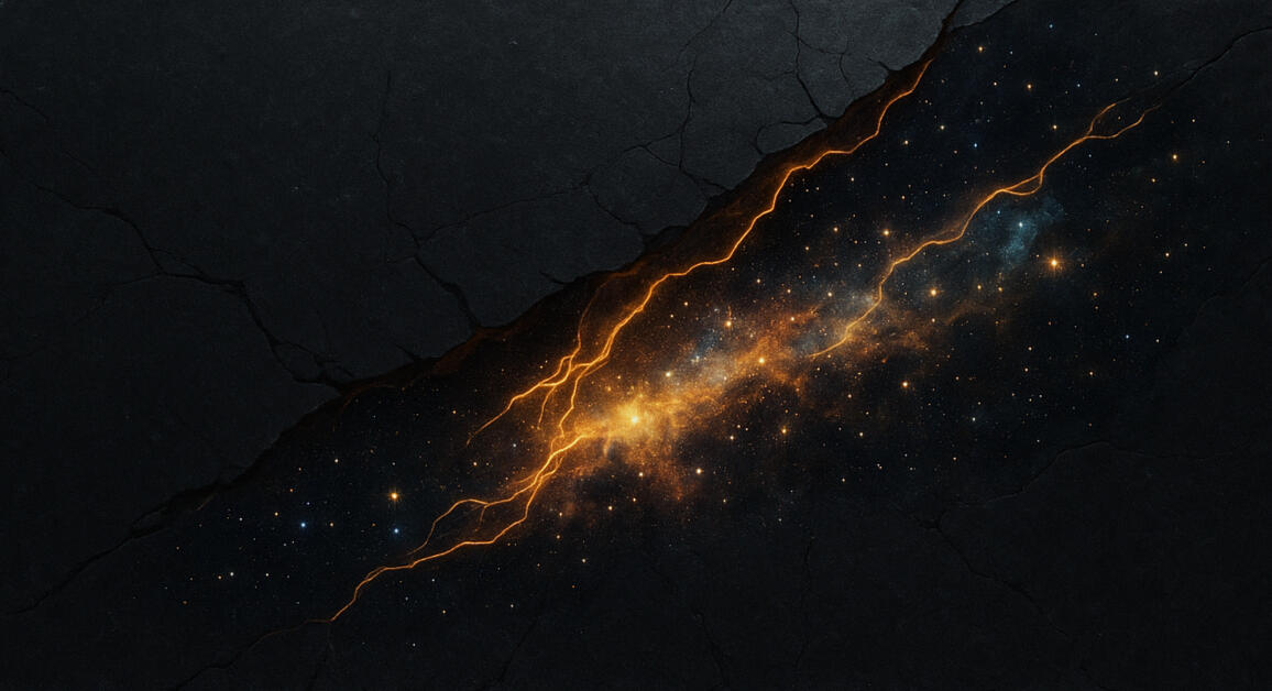 A jagged golden nebula tearing open the void, galaxies bleeding light through fracture.