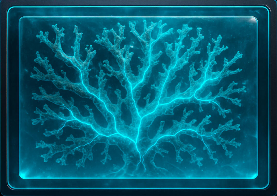 Coral Circuit Bioluminescent coral pattern glowing electric blue, like organic wiring under glass.