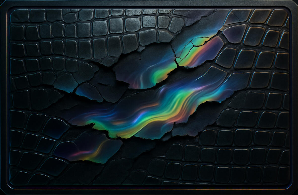 Prism Hide — crocodile-scale holographic pattern splitting light into spectral fire; merges organic structure with synthetic precision.