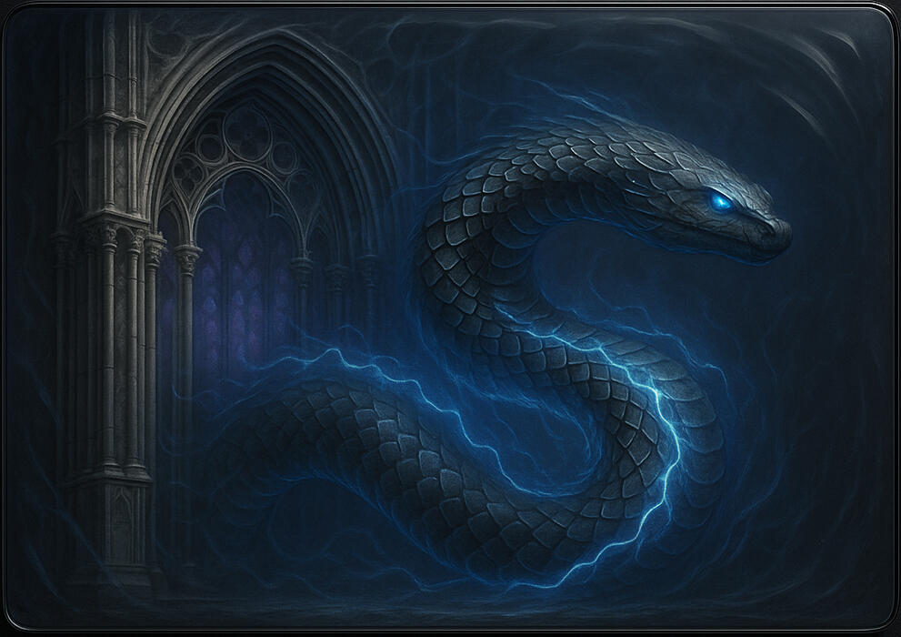 Cathedral Serpent — luminous serpent form coiled in darkness; sanctuary transformed into predator.