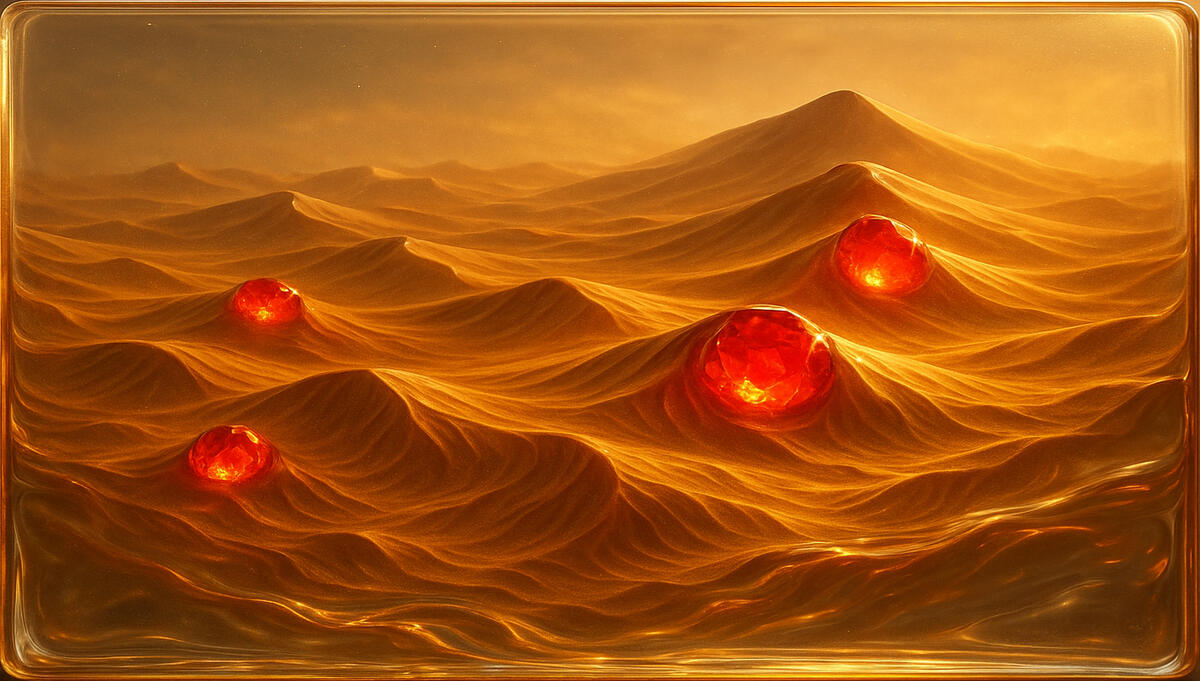 Ember Dunes — molten desert sands glowing with red energy; patient fire beneath stillness.