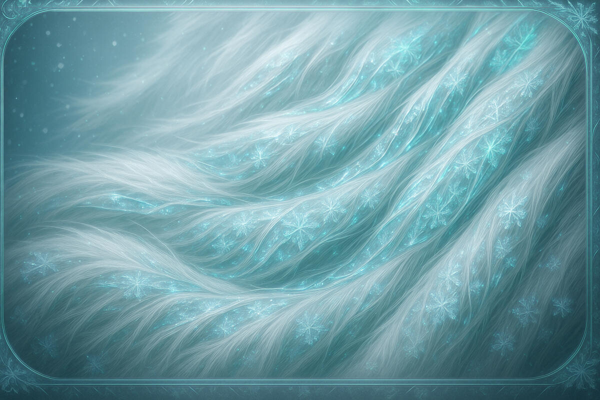 Cryosilk Drift Feathered frost waves of white and teal, ice turned to liquid fabric.