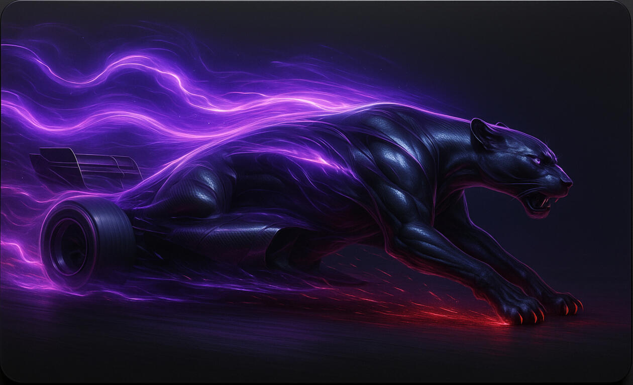 Panther Current Electric panther sprinting through purple light trails, speed rendered mythic.