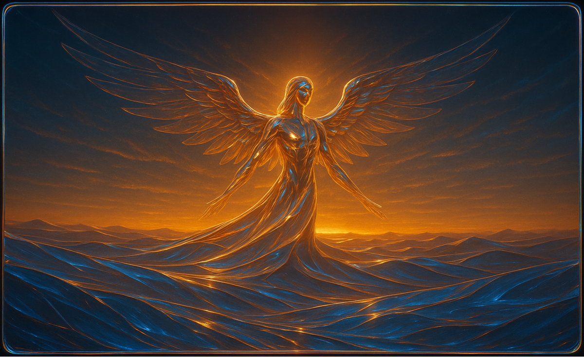 Solar Seraph Angelic figure forged from molten dawnlight, wings unfurled to crown the horizon with rebirth.