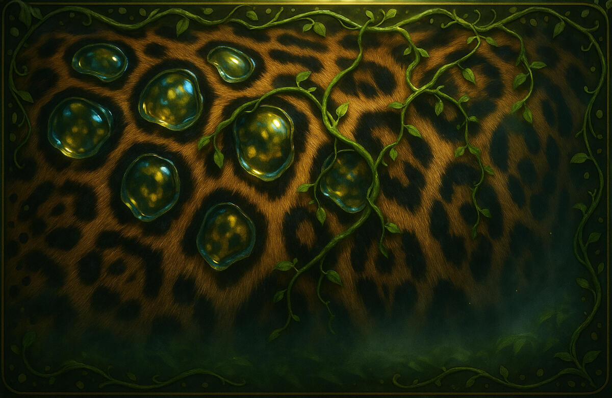 Verdant Maw — bio-organic pattern of vines over predatory scales; nature’s hunger meets creation’s symmetry