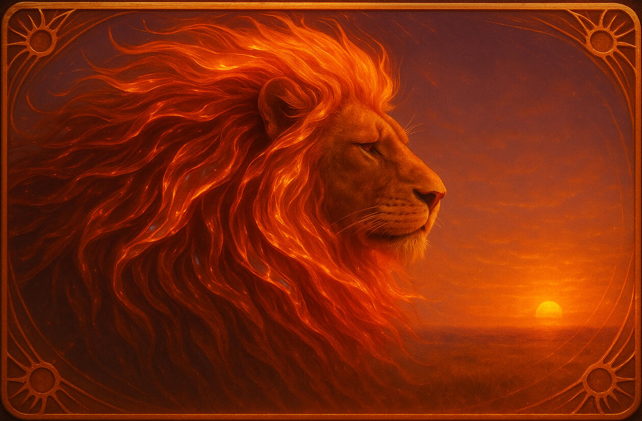 Solar Regent — lion silhouette blazing in solar fire; crown of dawn rendered as radiant sovereignty.