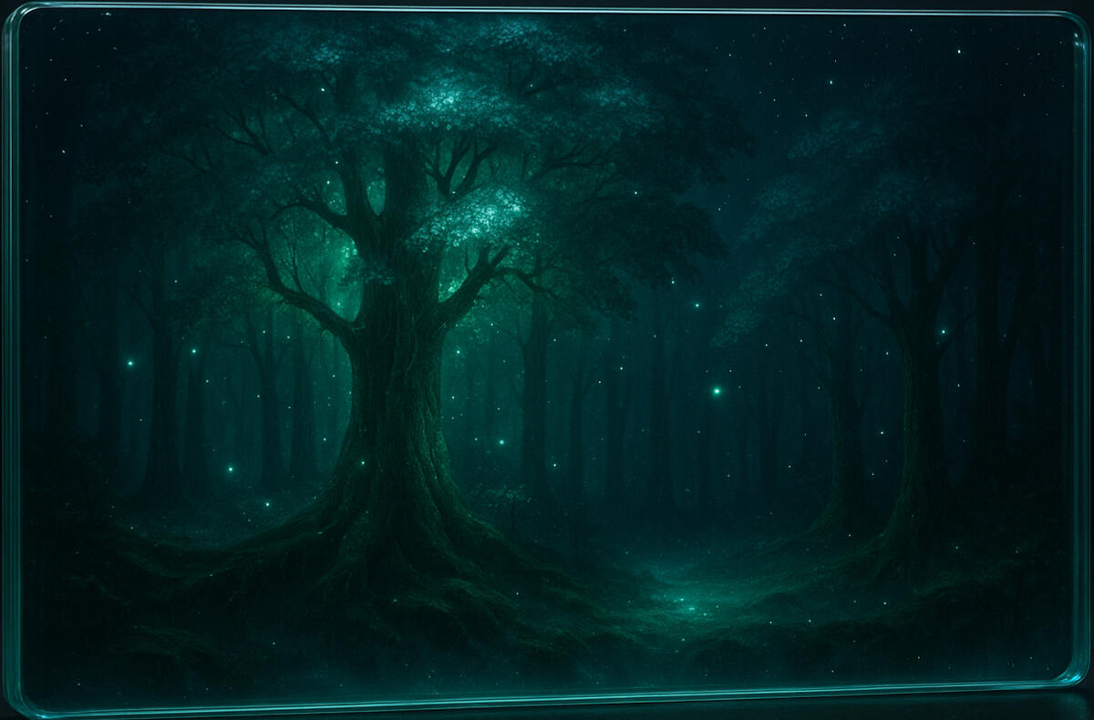 A vast glowing forest canopy illuminated by teal light, symbolizing connection and growth.
